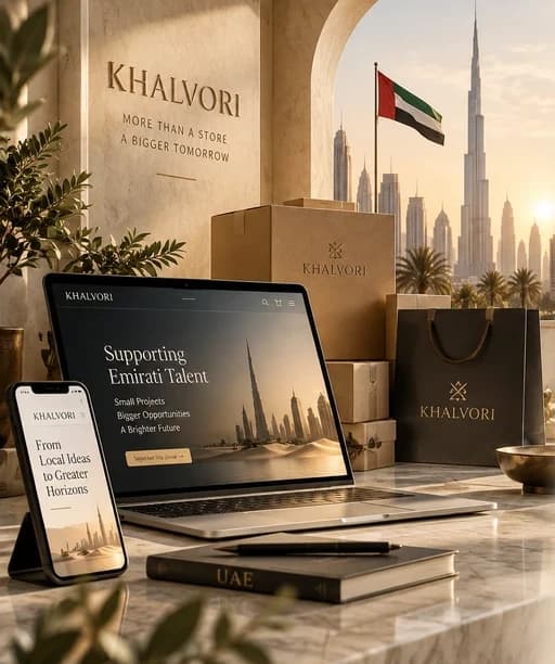 لابتوب وجوال وعلب وحقيبة تسوّق بشعار KHALVORI أمام أفق دبي وبرج خليفة وعلم الإمارات عند الغروب